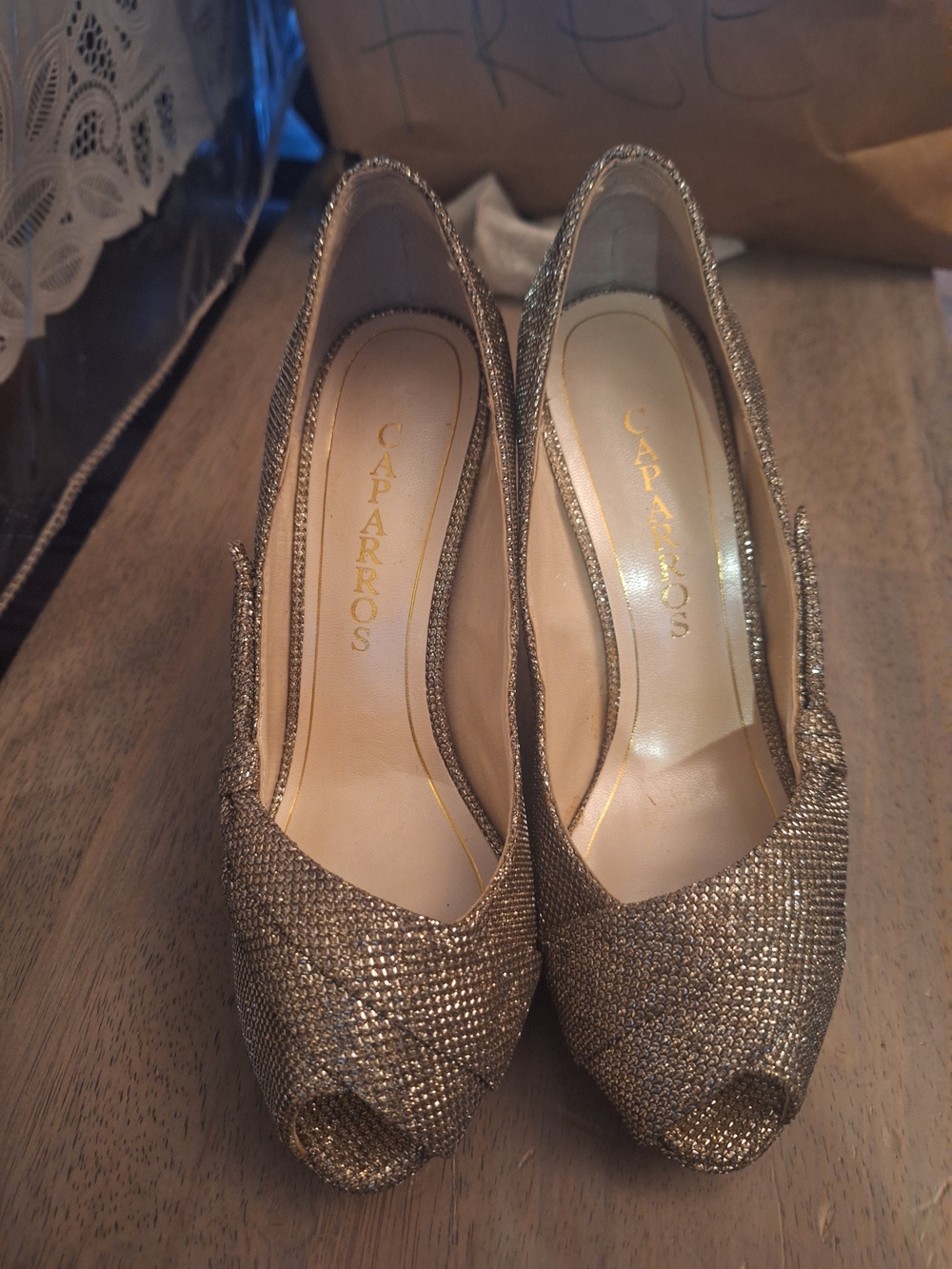 Caparros Gold Glitter Open-Toe Heels